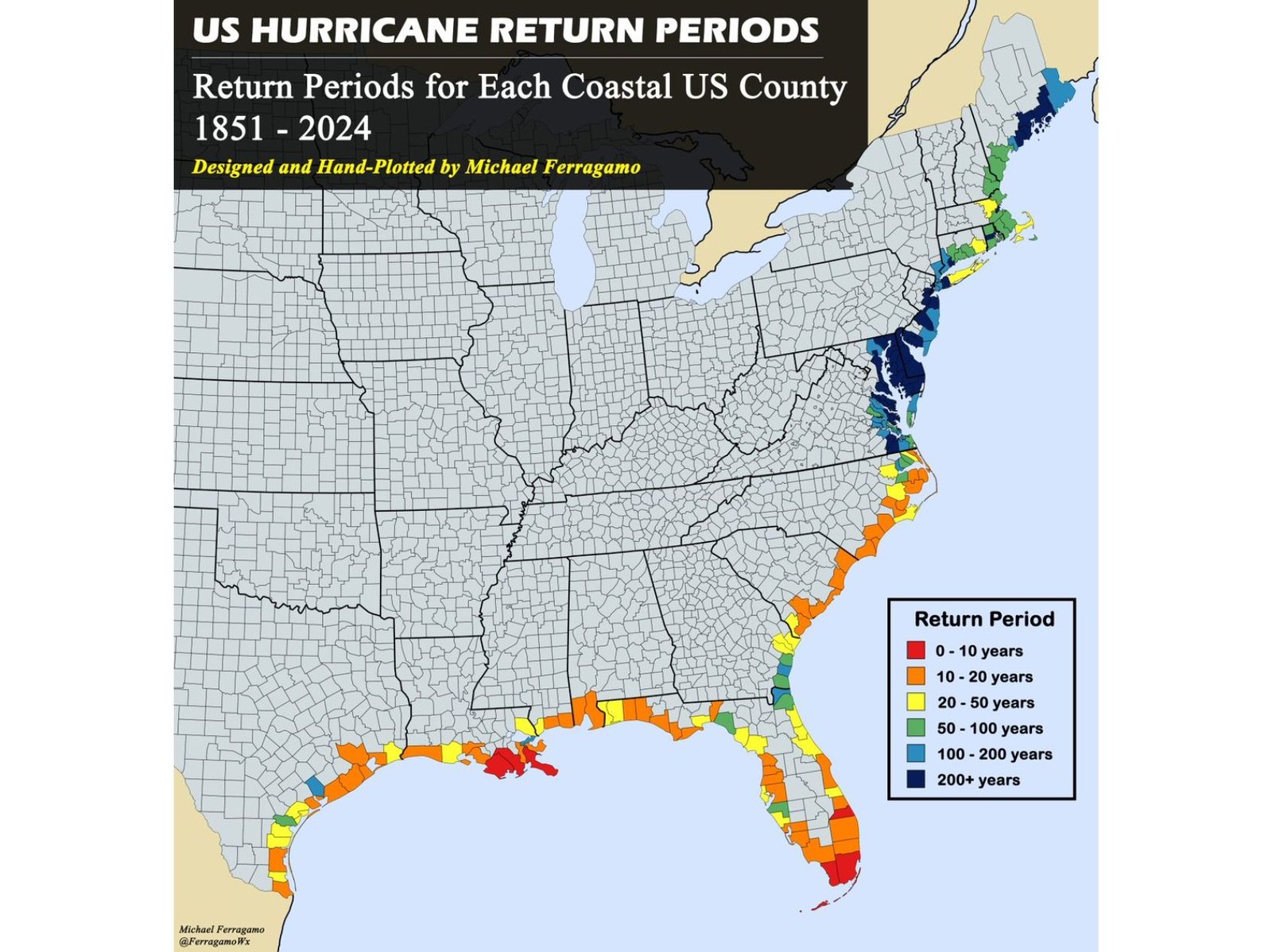 Louisiana, Texas, Florida and North Carolina Show Shortest Hurricane Return Periods While Maine and California Exceed 100+ Years