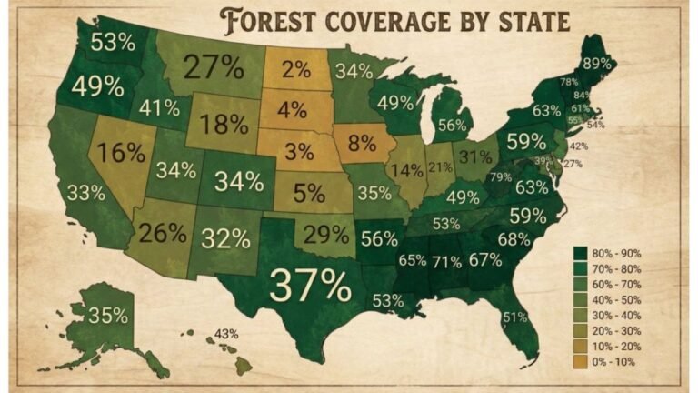 Maine, West Virginia, and Southern States Lead U.S. in Forest Coverage While Great Plains Show Striking Tree Deficit