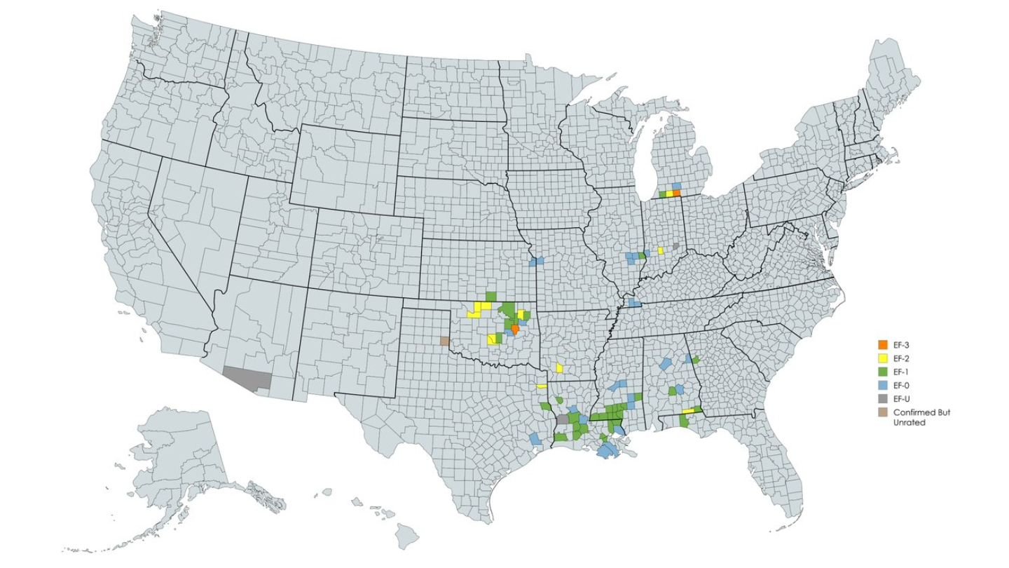 March 5–7 Outbreak Drives Early 2026 Tornado Map: EF-3 Damage Reported in Oklahoma and Michigan as Southern States See Widespread EF-1 Activity