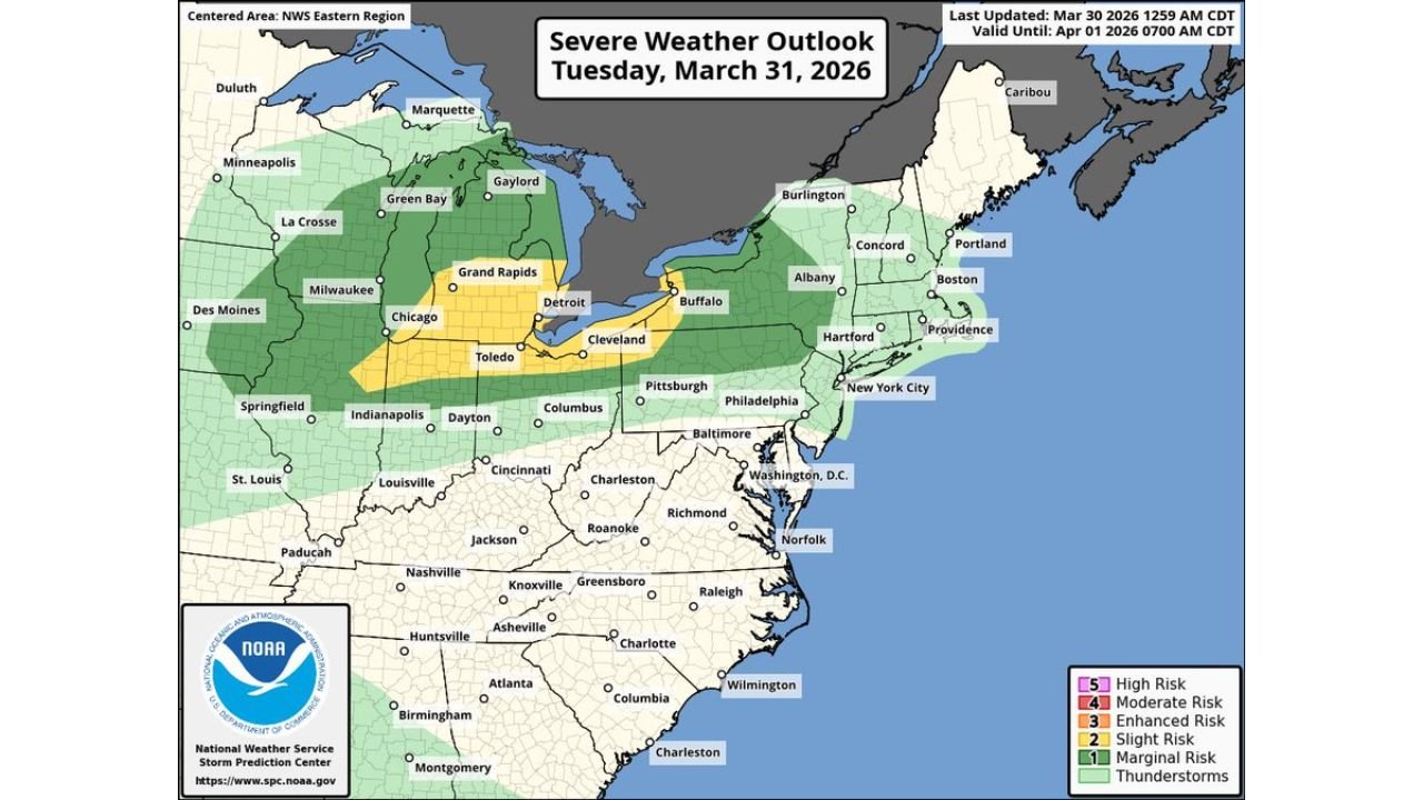 Michigan, Ohio and Indiana Face Slight Risk of Severe Storms Tuesday With Damaging Winds, Large Hail and Tornado Threat Targeting Chicago, Detroit, Toledo and Cleveland