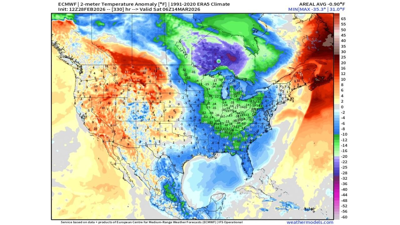 Mid March Cold Air Set to Return to Illinois, Indiana, Ohio, Kentucky, Tennessee, Georgia and the Carolinas After Brief Early March Warm Surge Across the Central and Eastern United States