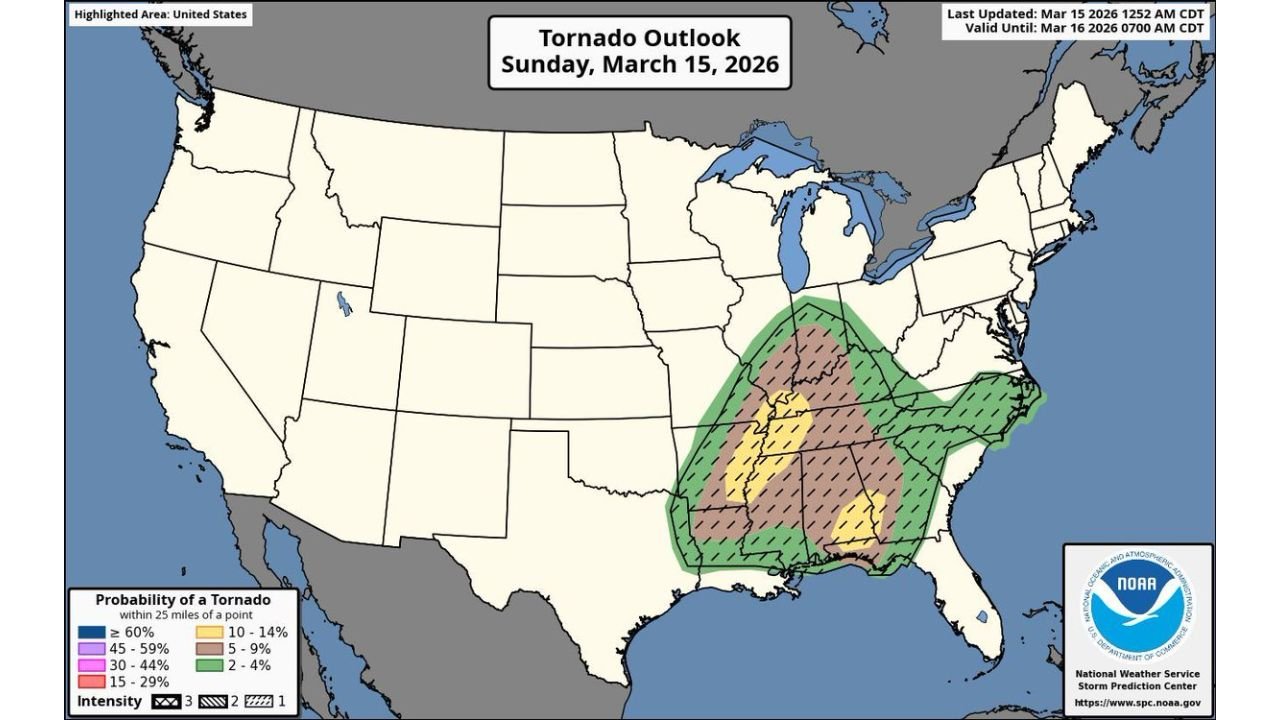 Mississippi, Alabama, Tennessee and Georgia Brace for Dangerous Tornado Outbreak as Severe Storms Sweep Across the Mississippi Valley and Southeast