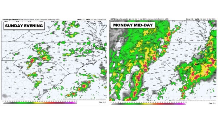 North Carolina, South Carolina and Virginia Face Two Rounds of Severe Storms Sunday Night and Monday With Tornado Risk and Damaging Winds Increasing