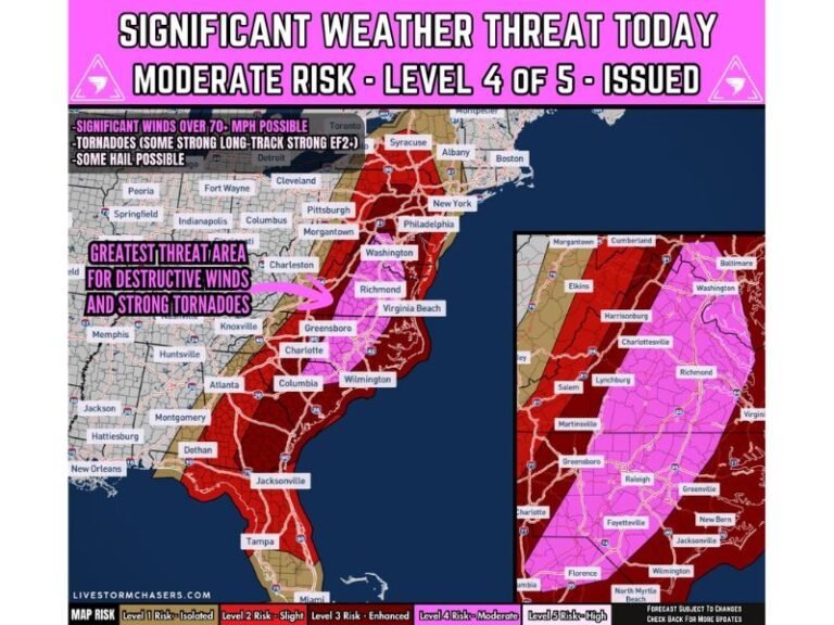 North Carolina, Virginia and Maryland Face Dangerous Level 4 Severe Weather Threat Today With Potential Strong Tornadoes