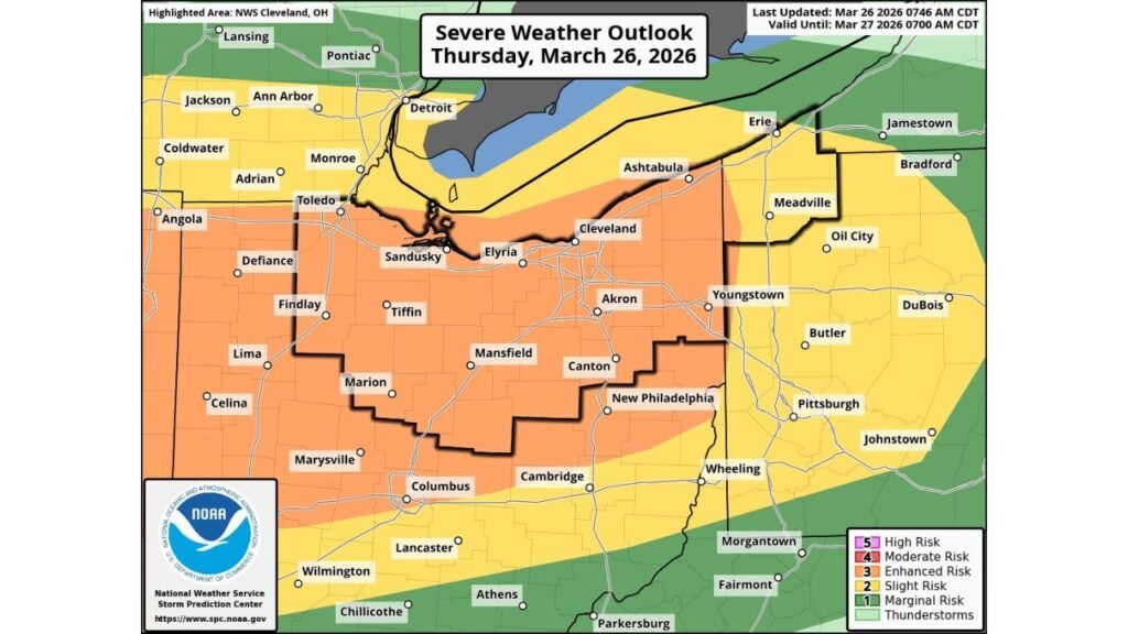 Northern Ohio Including Cleveland, Toledo and Akron Under Enhanced Risk With Tornadoes, Large Hail and Flooding Threat Thursday Evening