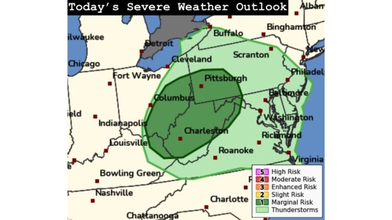 Ohio, West Virginia, Pennsylvania, Maryland and Virginia Under Marginal Severe Storm Risk as Cold Front Triggers Hail and Damaging Wind Threat Across the Mid-Upper Ohio Valley