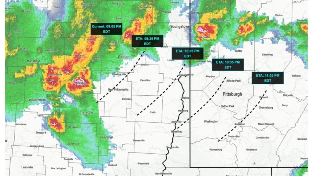 Ohio and Pennsylvania Severe Thunderstorm Line Tracks from Wooster to Pittsburgh with 10–11 PM Arrival Window for Southwest Pennsylvania