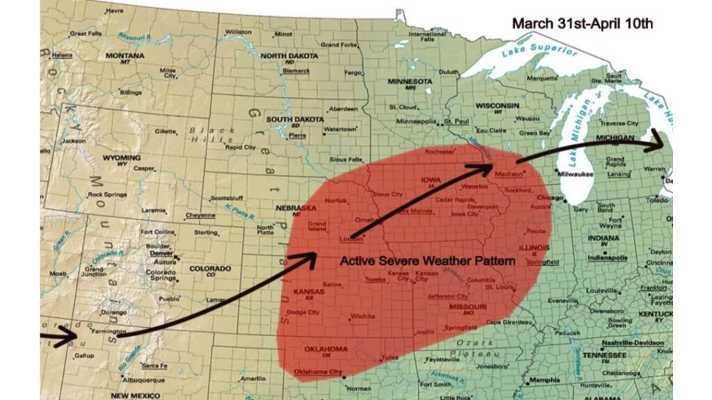 Oklahoma, Kansas, Nebraska, Iowa, Missouri and Illinois Enter Active Severe Weather Pattern From March 31 Through April 10