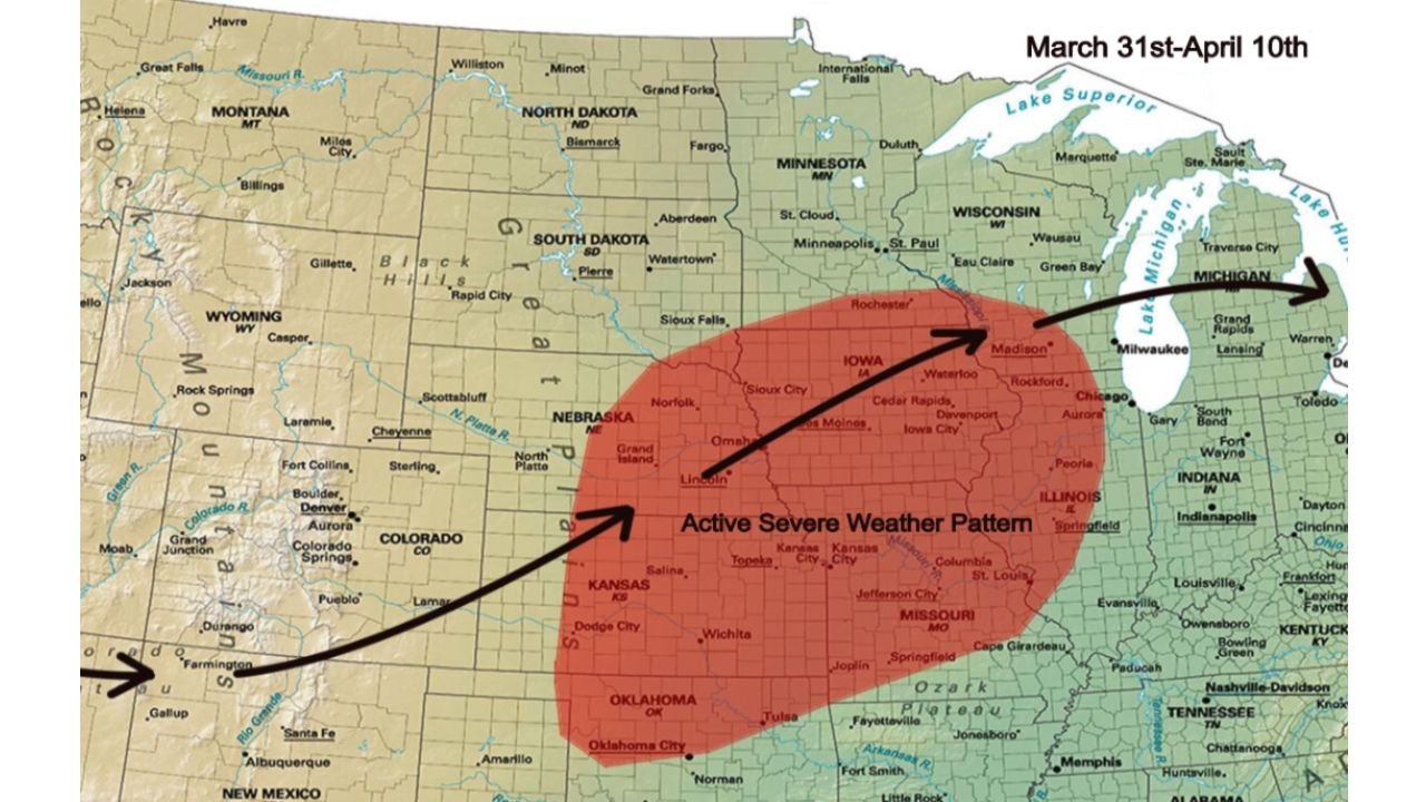Oklahoma, Kansas, Nebraska, Iowa, Missouri and Illinois Enter Active Severe Weather Pattern From March 31 Through April 10