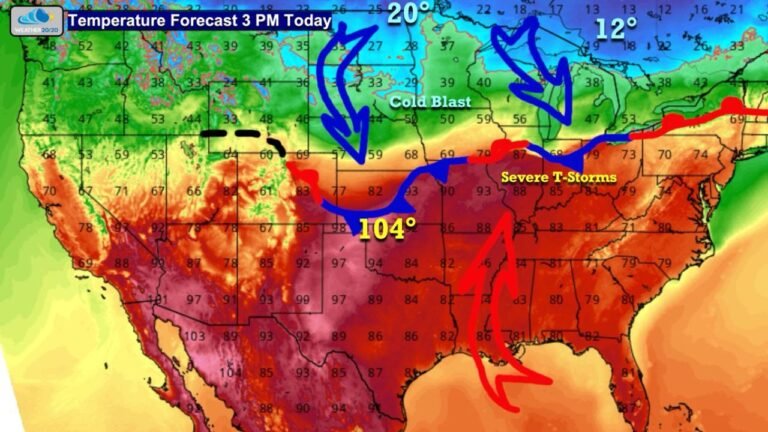 Oklahoma, Kansas and Texas Heat Surges Past 100 Degrees While Illinois, Indiana and Ohio Face Severe Storms and Northern Plains Freeze