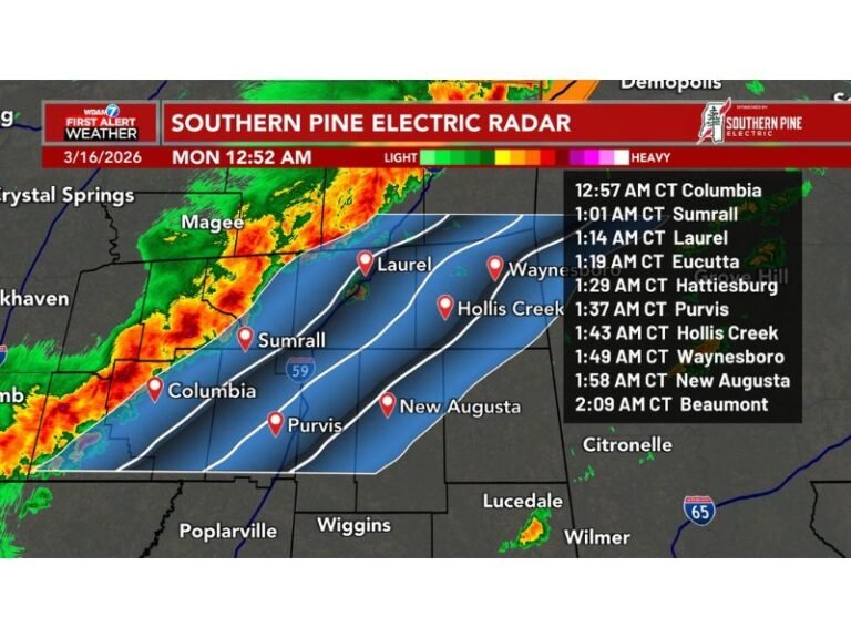 Overnight Storm Line Moves Across Columbia, Laurel and Hattiesburg Bringing Heavy Rain, Lightning and Gusty Winds