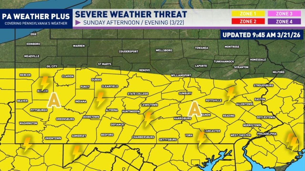 Pennsylvania Braces for Sunday Severe Storm Risk From Pittsburgh to Harrisburg and Allentown as Cold Front Targets Areas South of I-80
