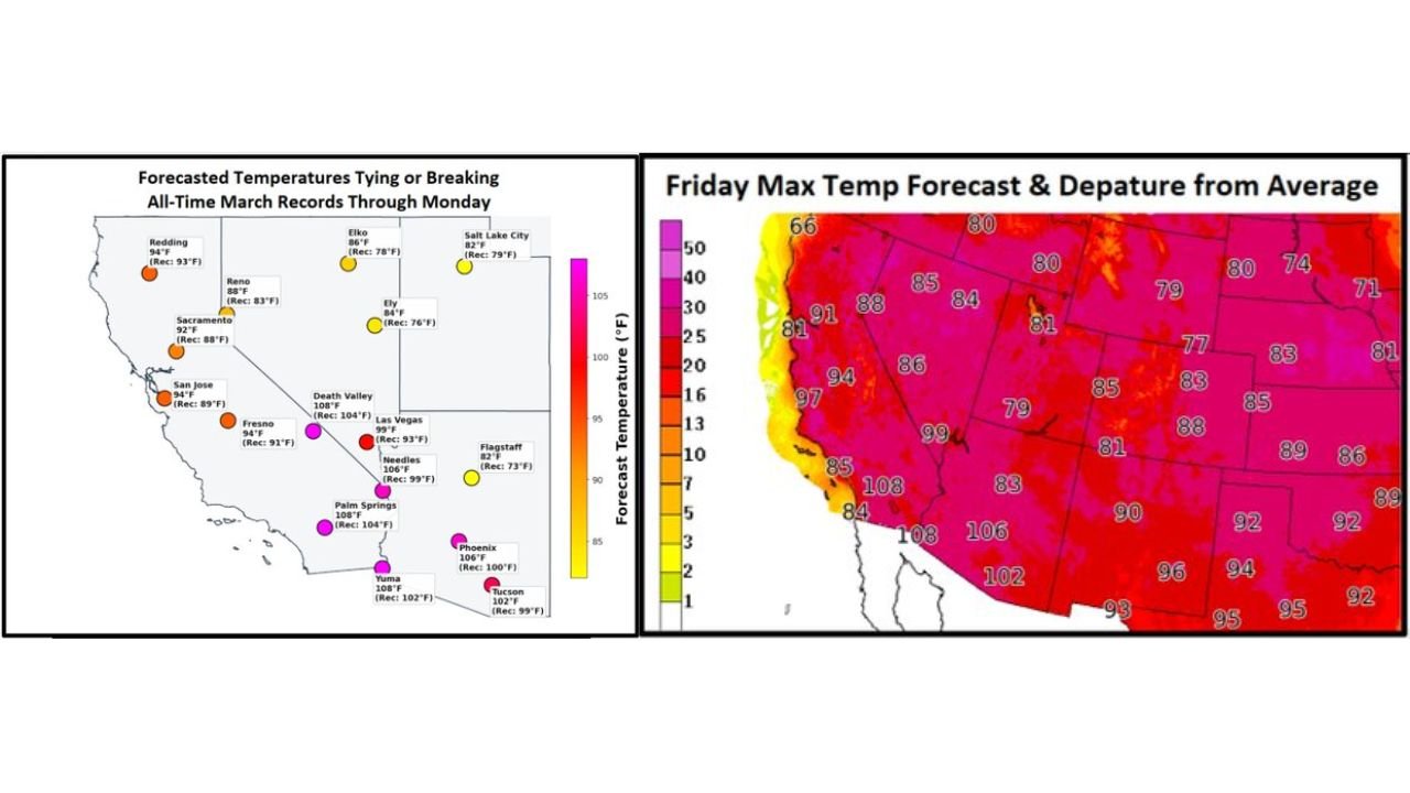 California, Nevada, Arizona, Utah, Colorado and New Mexico Face Rare March Heatwave as Temperatures Soar 20–30° Above Normal and All-Time Records Fall Across the Desert Southwest