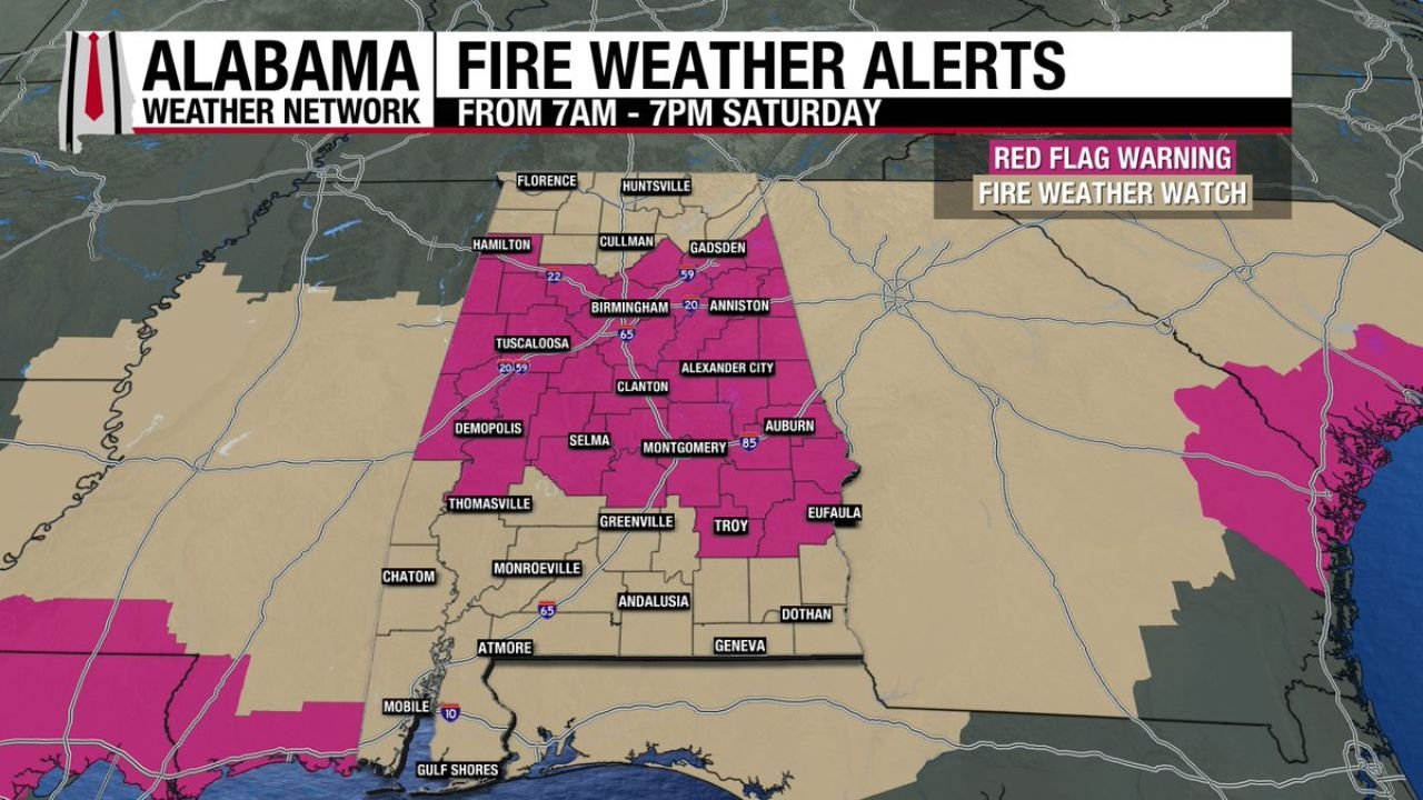 Red Flag Warning Issued for Central Alabama Saturday — 30 mph Winds and Low Humidity Below 20% Create Dangerous Fire Weather Conditions Statewide