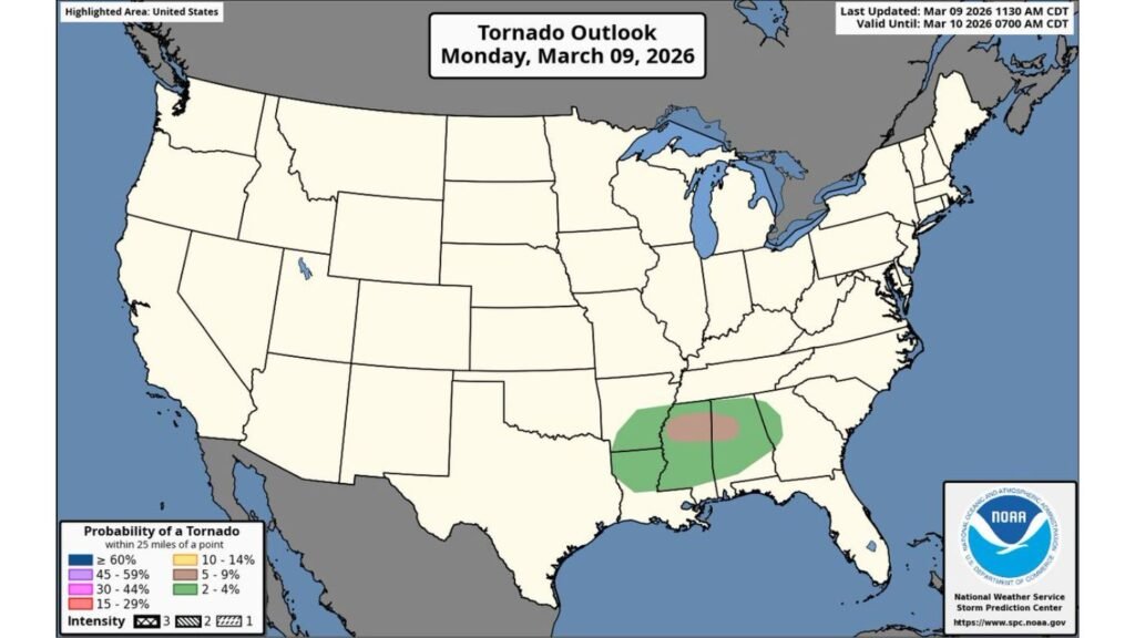 SPC Upgrades Northern Mississippi and Northern Alabama to 5% Tornado Risk as Large Hail and Damaging Winds Threaten the Region Today