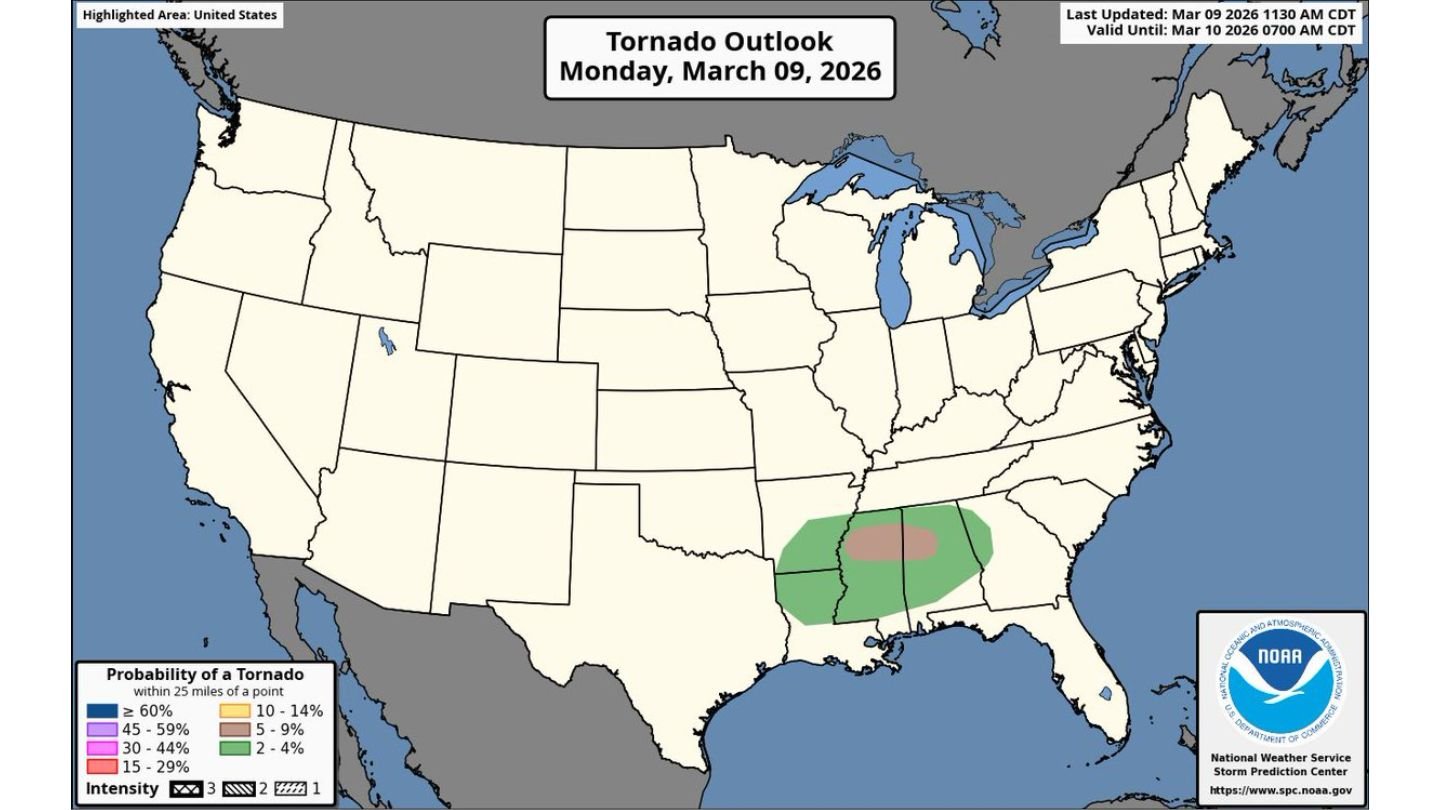 SPC Upgrades Northern Mississippi and Northern Alabama to 5% Tornado Risk as Large Hail and Damaging Winds Threaten the Region Today