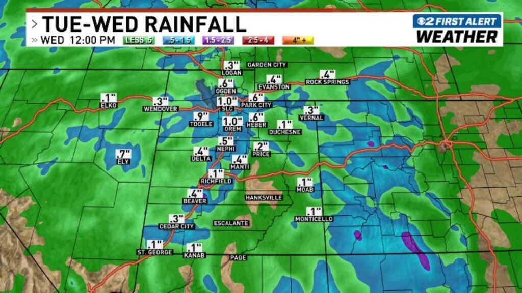 Salt Lake City, Ogden and Park City Utah Face Up to 1 Inch of Heavy Rain Tuesday Night as Atmospheric River Drives Cold Front Through the Wasatch Front