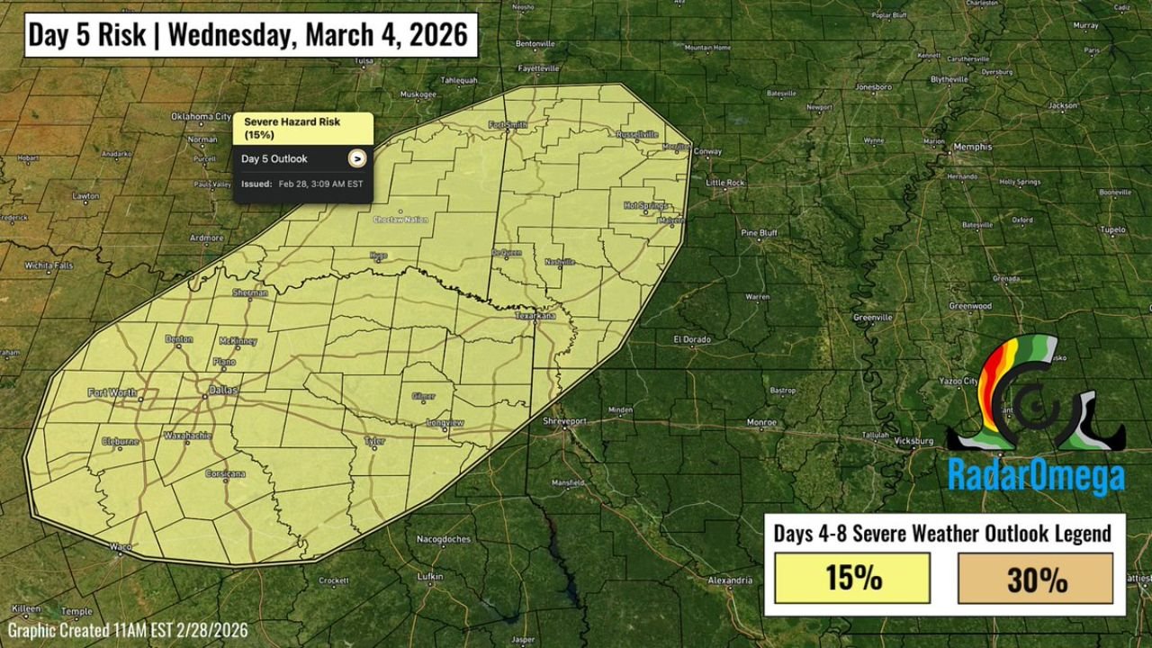 Severe Storm Risk Expands Across Oklahoma, Texas, Arkansas and Louisiana on Wednesday March 4 With Damaging Winds and Large Hail Possible