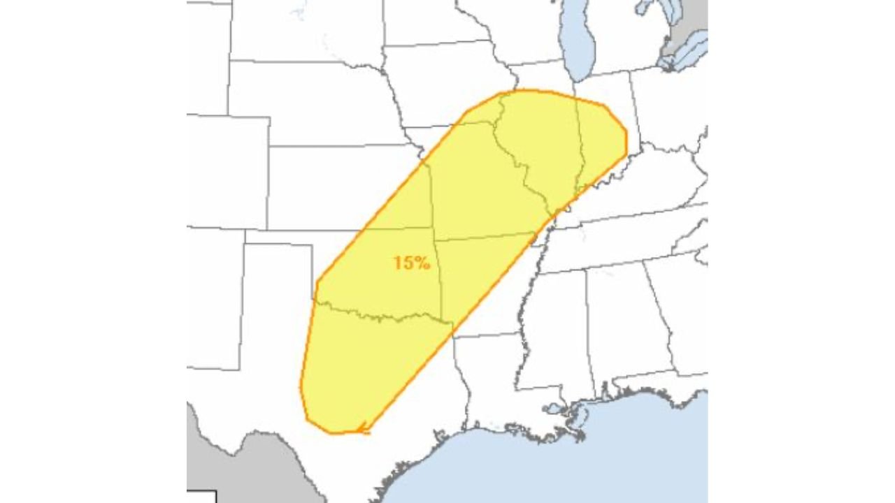 Severe Storm Threat Tuesday Across Texas Louisiana Arkansas Missouri Illinois and Indiana With Damaging Winds Large Hail and Possible Tornadoes