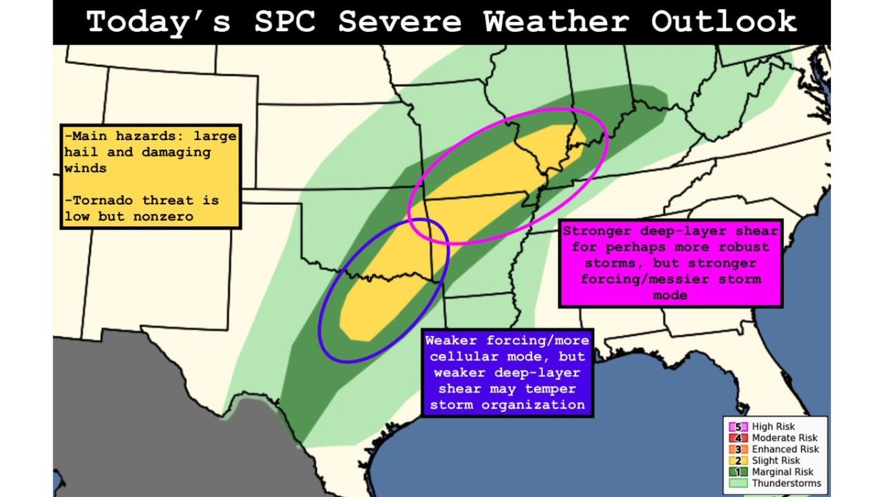 Severe Thunderstorm Threat Expands From Texas to the Ohio Valley Today as Storm System Targets Oklahoma, Arkansas, Missouri and Illinois With Hail and Damaging Winds