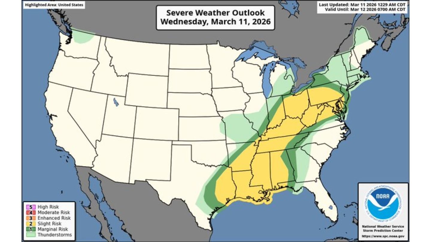 Severe Weather Threat Expands from Louisiana to the Lower Great Lakes: Damaging Winds Up to 70 MPH and Isolated Tornado Risk Target Ohio Valley and Mid-Atlantic