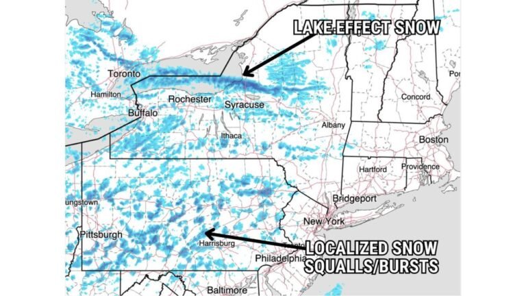 Snow Fading Across Pennsylvania and New York Tonight but Lake Effect Bands Near Buffalo and Syracuse Could Still Cause Sudden Travel Issues