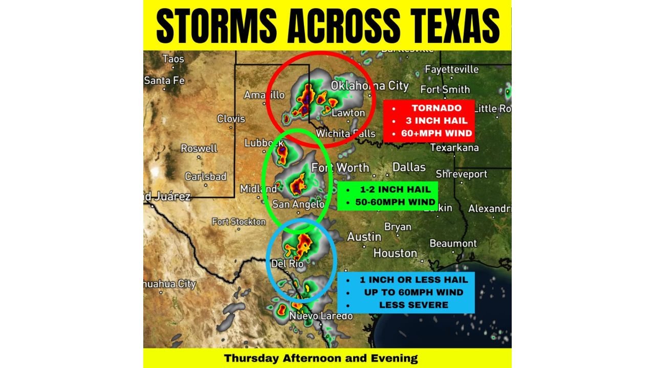 Texas Severe Storm Threat Focuses on Three Key Zones as Forecasters Warn Tornado Risk and 3-Inch Hail Possible Near Oklahoma Border