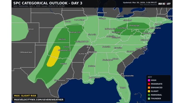 Texas and Oklahoma Under Slight Risk of Severe Storms Wednesday April 1 as Large Hail, Damaging Winds and Tornadoes Target Oklahoma City, Dallas and Tulsa Late Afternoon Into Evening