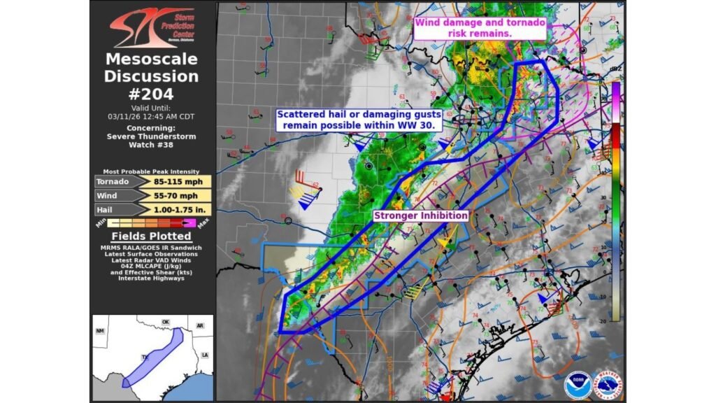 Tornado and Wind Threat Lingers Overnight Near the Red River: Northeast Texas and Southeast Oklahoma Under SPC Mesoscale Discussion