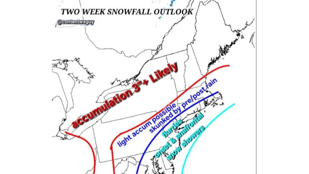 Two-Week Snowfall Outlook Signals 3+ Inch Accumulation Risk North of the I-95 Corridor While Coastal Cities May See Only Flurries Across New York and New England