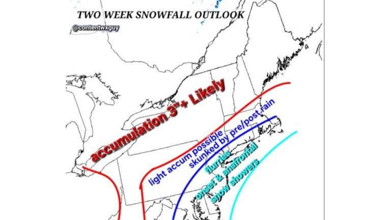 Two-Week Snowfall Outlook Signals 3+ Inch Accumulation Risk North of the I-95 Corridor While Coastal Cities May See Only Flurries Across New York and New England