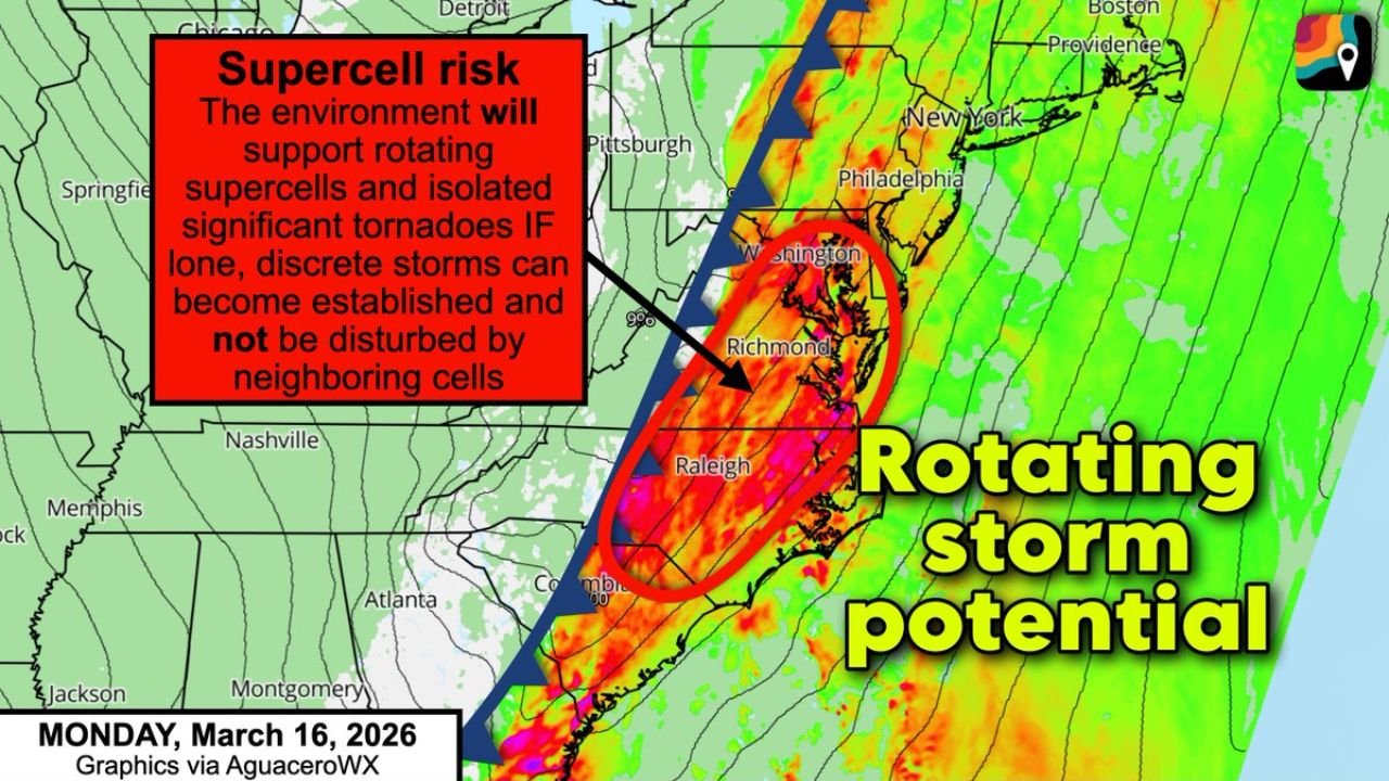 Virginia, Maryland and North Carolina Face Dangerous Rotating Storm Threat Monday as Rare Atmospheric Setup Raises Tornado Concerns