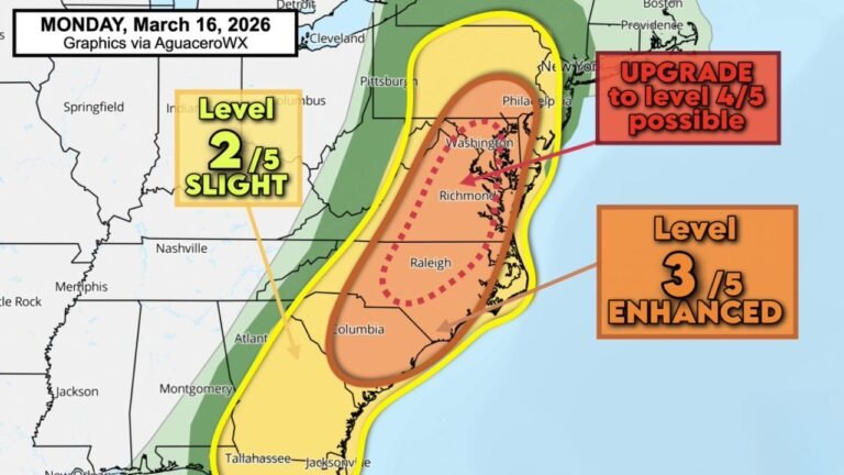 Virginia, North Carolina, Maryland and Washington DC Could Face Rare Level 4 Severe Weather Risk Monday as Major Storm Threat Targets Mid-Atlantic