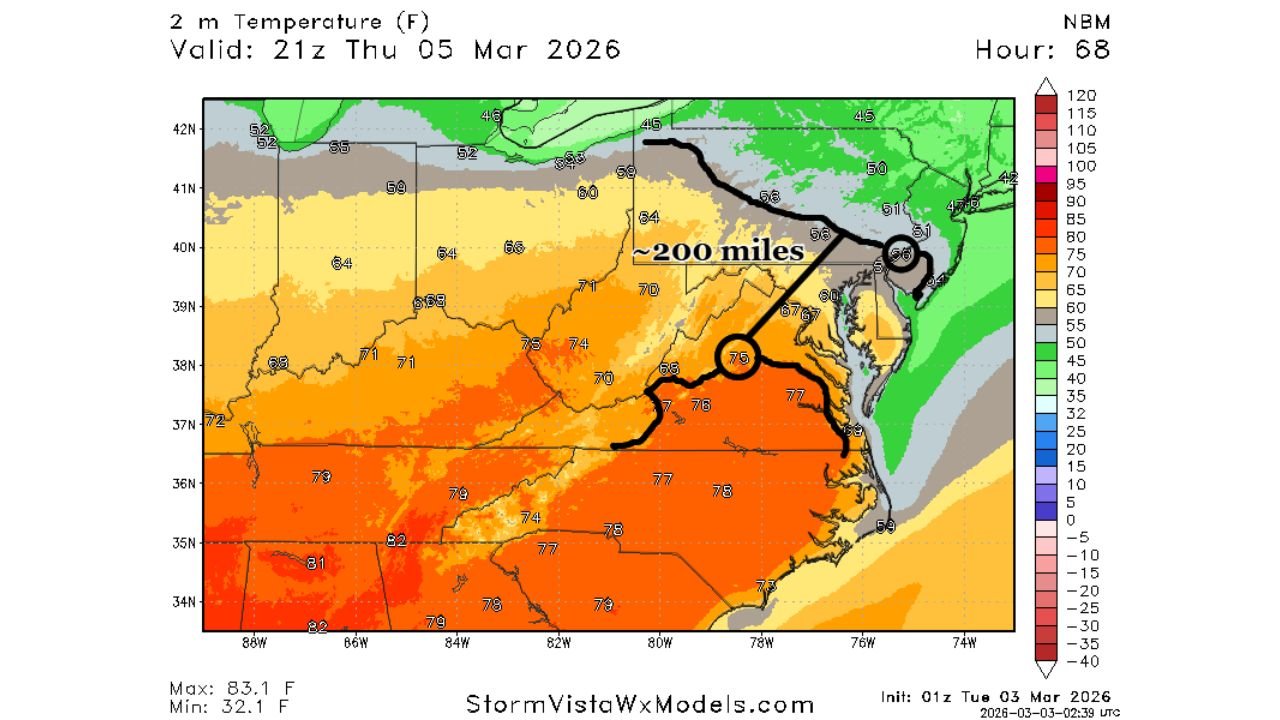 Virginia and Maryland Stuck on the Cool Side of a Sharp 200-Mile Temperature Divide as Clouds and Fog Delay True Warm-Up