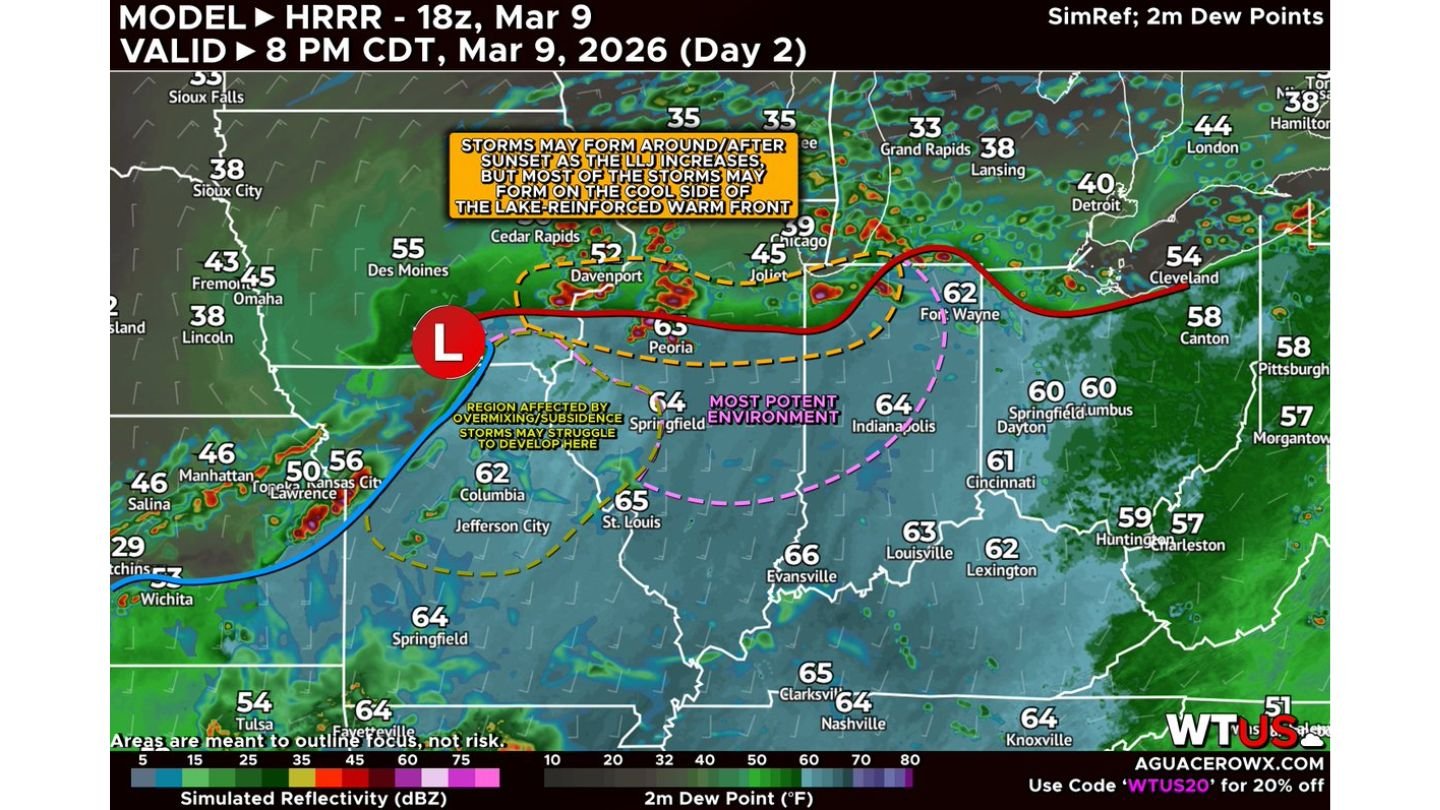 Warm Front from Eastern Iowa into Illinois and Indiana Sets Stage for Evening Severe Storms — But Mixing and Elevated Development Could Limit Long-Track Tornado Threat