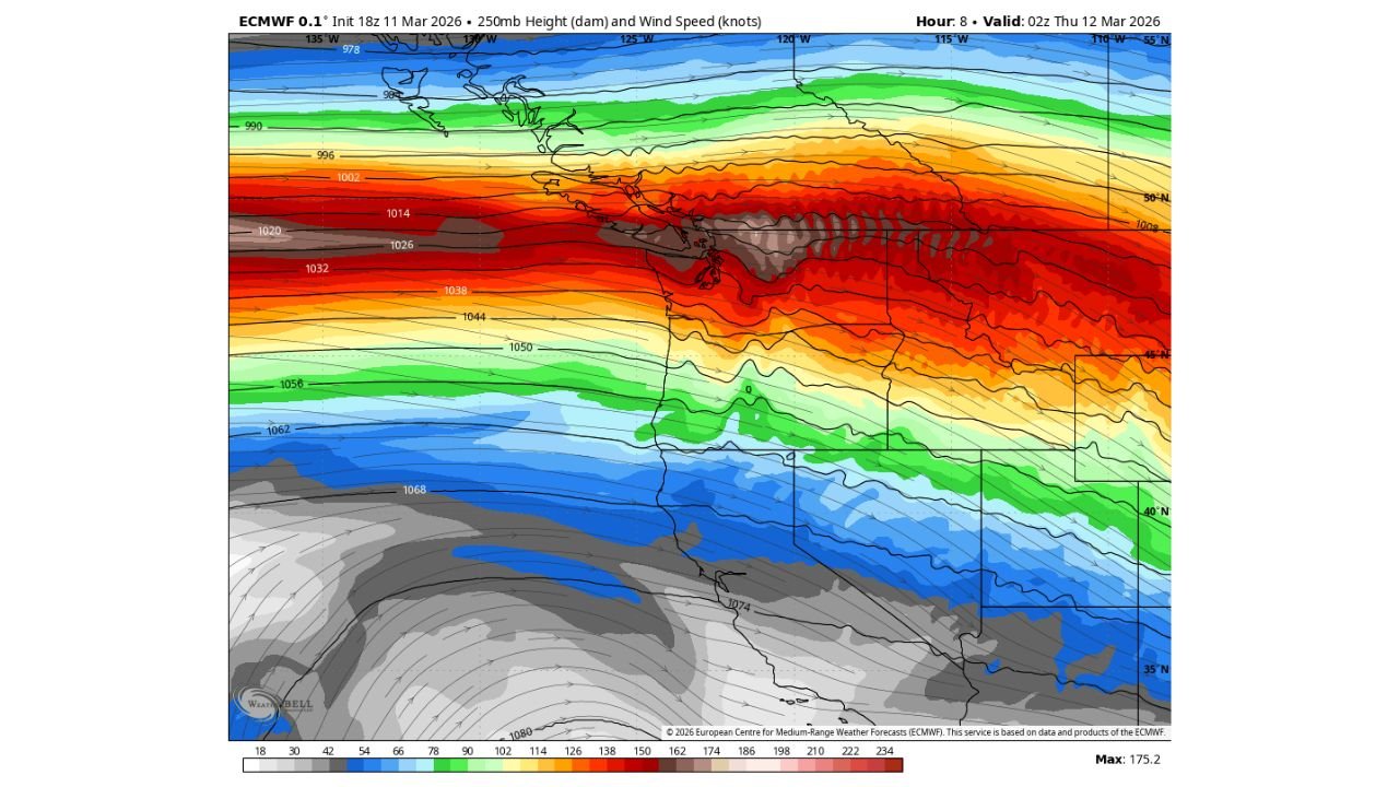 Washington and Oregon Under 170+ Knot Jet Stream as Hawaiian Airlines Tokyo-to-Seattle Flight Hits 720 MPH Ground Speed Riding Powerful Pacific Jet