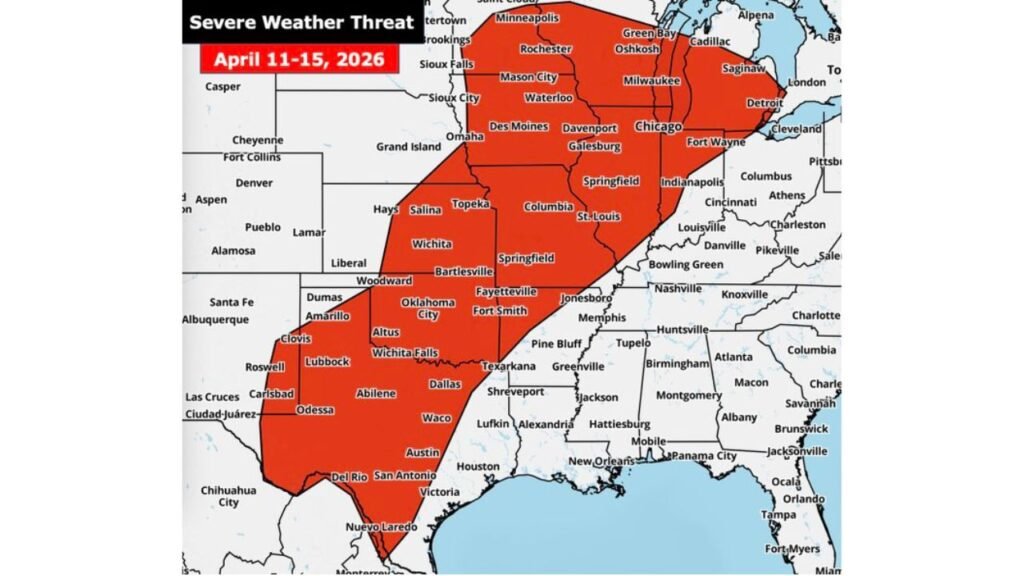 5 Day Severe Weather Outbreak Targets Over 50 Million Americans Across Texas, Oklahoma, Kansas, Missouri, Illinois and Michigan From April 11 Through April 15 With Hail and Tornadoes on the Table