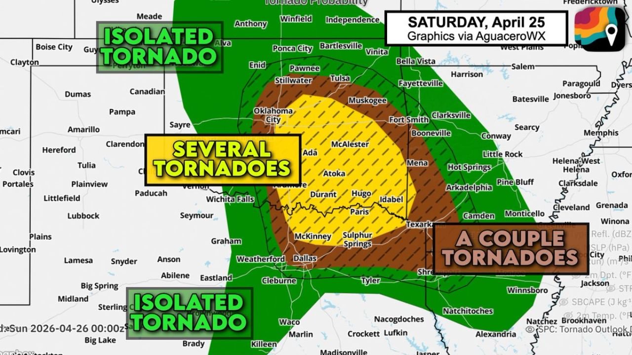 Ada, Durant and Hugo Face Several Tornadoes Including EF2 Potential Saturday as Two Surface Boundaries Feed Extra Spin Into Southeast Oklahoma Storms