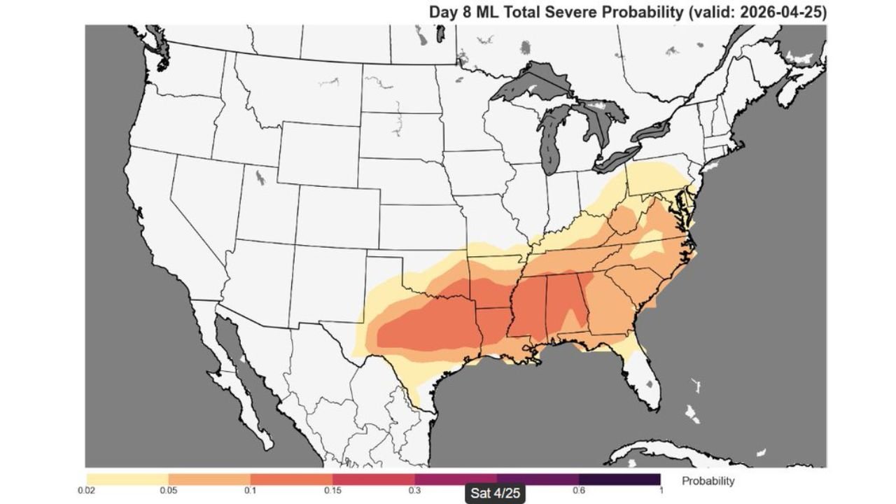 Alabama, Mississippi and Tennessee Face Major Severe Weather Threat April 25 as 30 Percent Tornado Probability Targets the Southeast After Brief Quiet Period