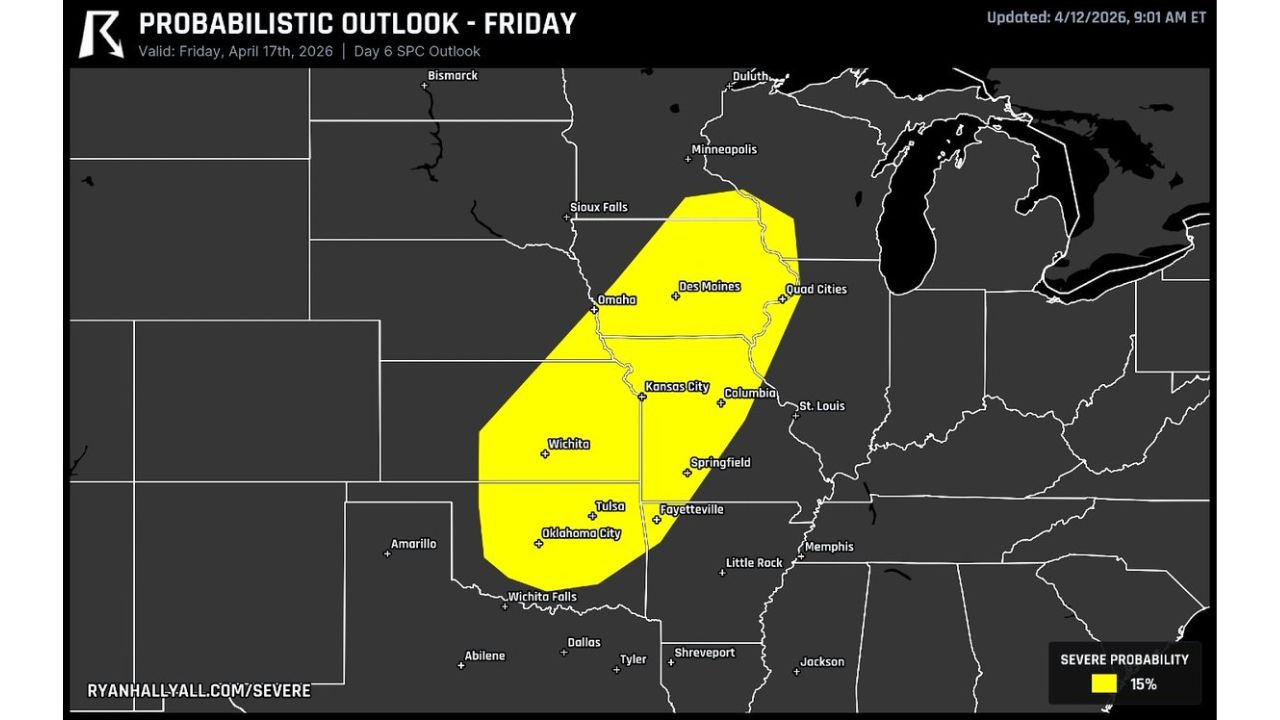 Another Severe Weather Threat Building for Friday Across Kansas, Oklahoma, Missouri and Iowa as Cold Front Targets Wichita, Oklahoma City, Kansas City and Des Moines