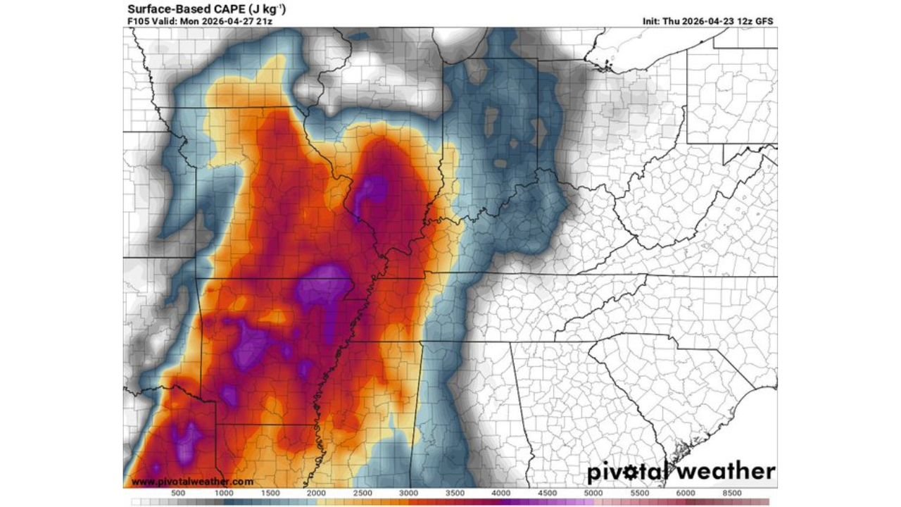 Arkansas, Tennessee and Mississippi Monday Outbreak Grows More Dangerous as 3,000+ CAPE and 50-Knot Low-Level Winds Collide