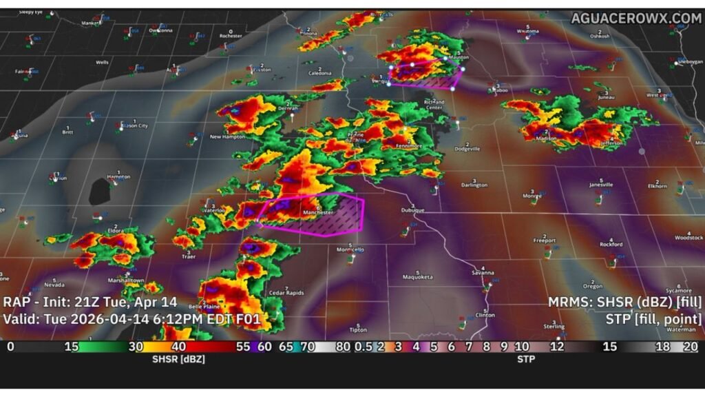 Breaking Update for Iowa and Wisconsin as Two Dangerous Supercells Flagged for Strong Tornadoes Near Manchester Iowa and Richland Center Wisconsin at 6 PM Tuesday