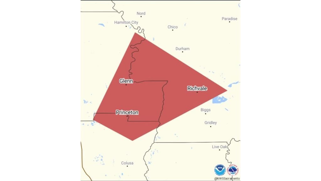California Emergency Alert New Severe Thunderstorm Warning Issued for Princeton Richvale and Glenn With Hail Wind and Tornado Risk Until 7:45 PM PDT