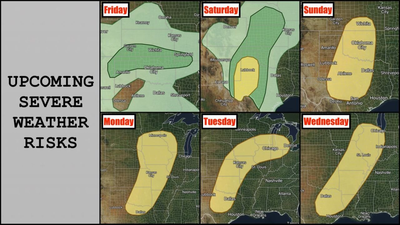 Central U.S. Placed on Extended Severe Weather Watch as Multi Day Storm Threat Targets Texas Oklahoma Kansas Missouri Illinois and Beyond Through Next Wednesday