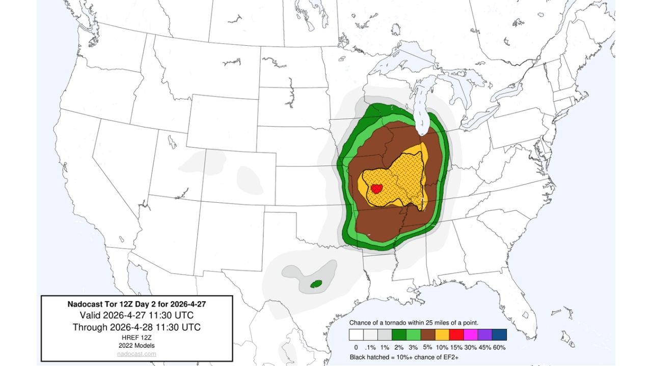 Central and Southern Illinois Face the Highest Tornado Threat Monday With Strong Long-Tracked Tornadoes Possible From 3 PM Through Midnight