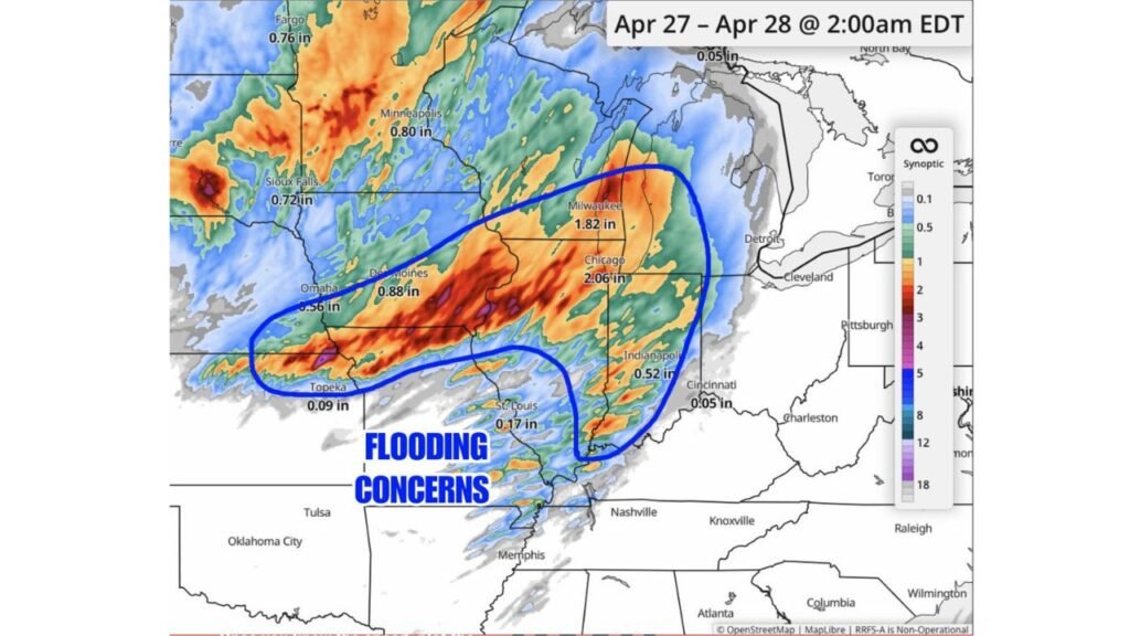 Chicago, Illinois and Milwaukee, Wisconsin Lead Flooding Concerns Monday as 1 to 3 Inches of Heavy Rain Targets the Agricultural Belt From Nebraska Through the Great Lakes