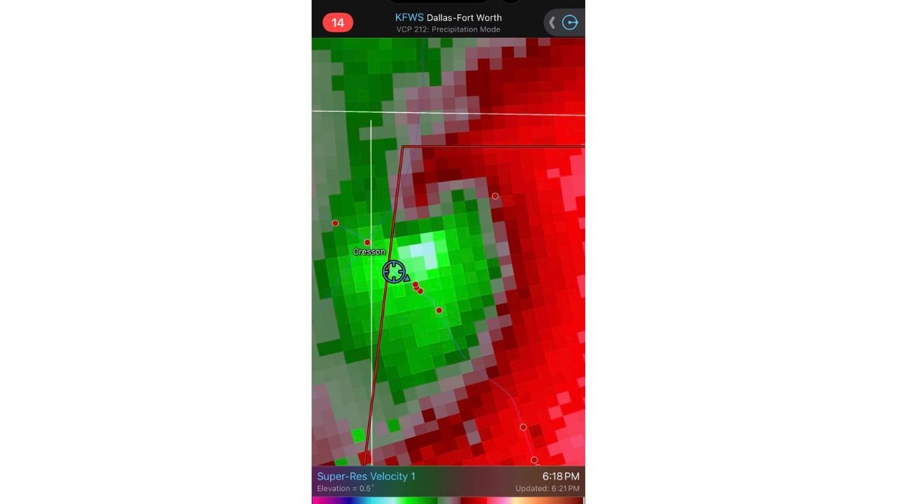 Cresson, Texas Tornado Deviated Southwest Toward Texas 171 Catching Storm Chasers Off Guard as Velocity Couplet Confirmed Tight Rotation at 6:18 PM