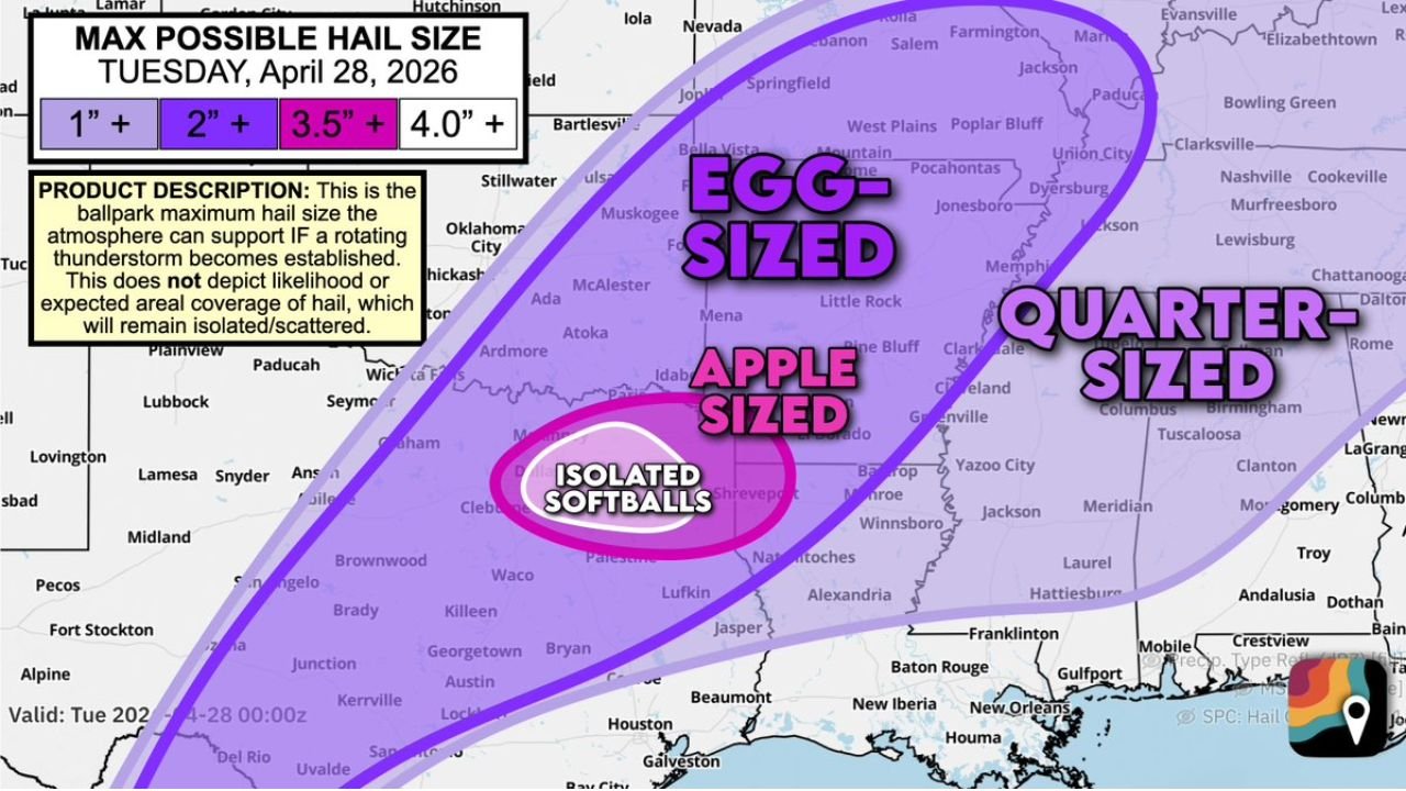Dallas-Fort Worth MetroPlex Faces Isolated Softball-Sized Hail and Tornado Risk Today as Splitting Supercells Expected to Develop Along Stalled Front Between 3 and 5 PM