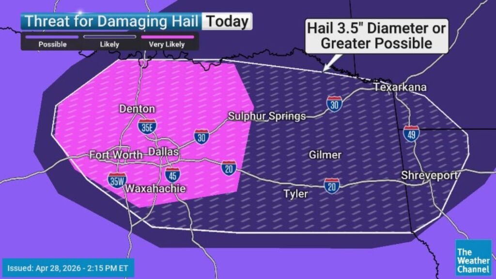 Dallas, Fort Worth and Denton Face Urgent Life and Property Threat as 3.5 Inch Giant Hail Moves Directly Over the MetroPlex With Tornado Watch Until 9 PM