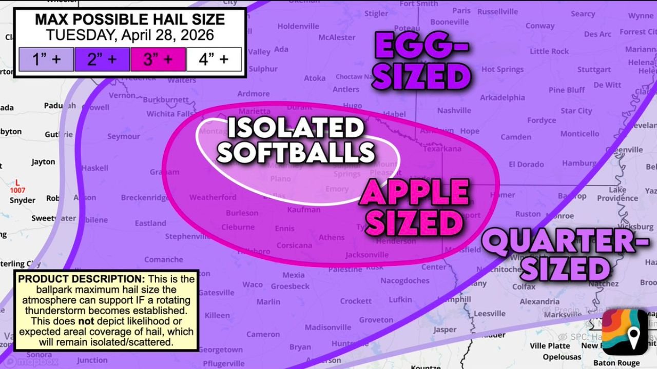 Dallas, Fort Worth and Plano Face Level 4 Moderate Risk Upgrade With Isolated Softball-Sized Hail and Tornado Possible Between 4 and 7 PM